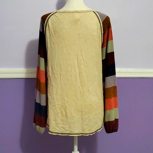 Twenty Ten Boho Trendy Tan & Striped Balloon Sleeves Flowy Waffle Sweater Top - Picture 6 of 9